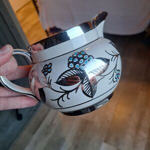 Arthur Wood England Pitcher Creamer Platinum Leaves Trim Blue Aqua Dots Vintage